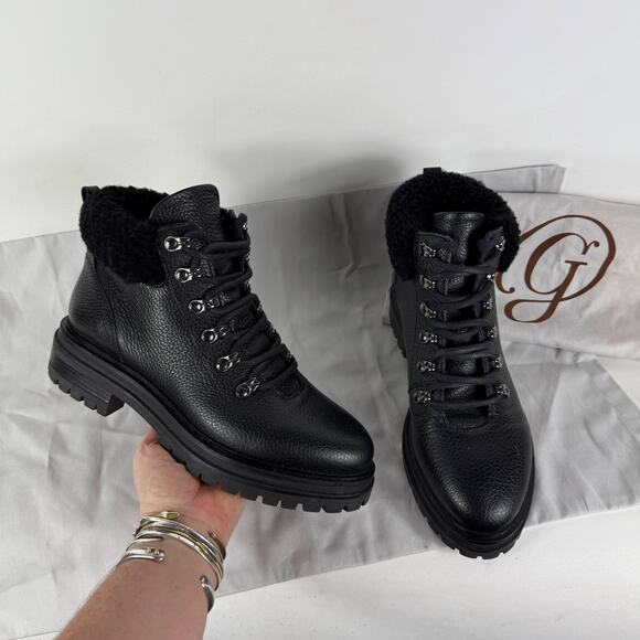 M. Gemi Alpi Combat Boots Women's 8 Black Leather Shearling Fur Trim Lace Up - Picture 1 of 10